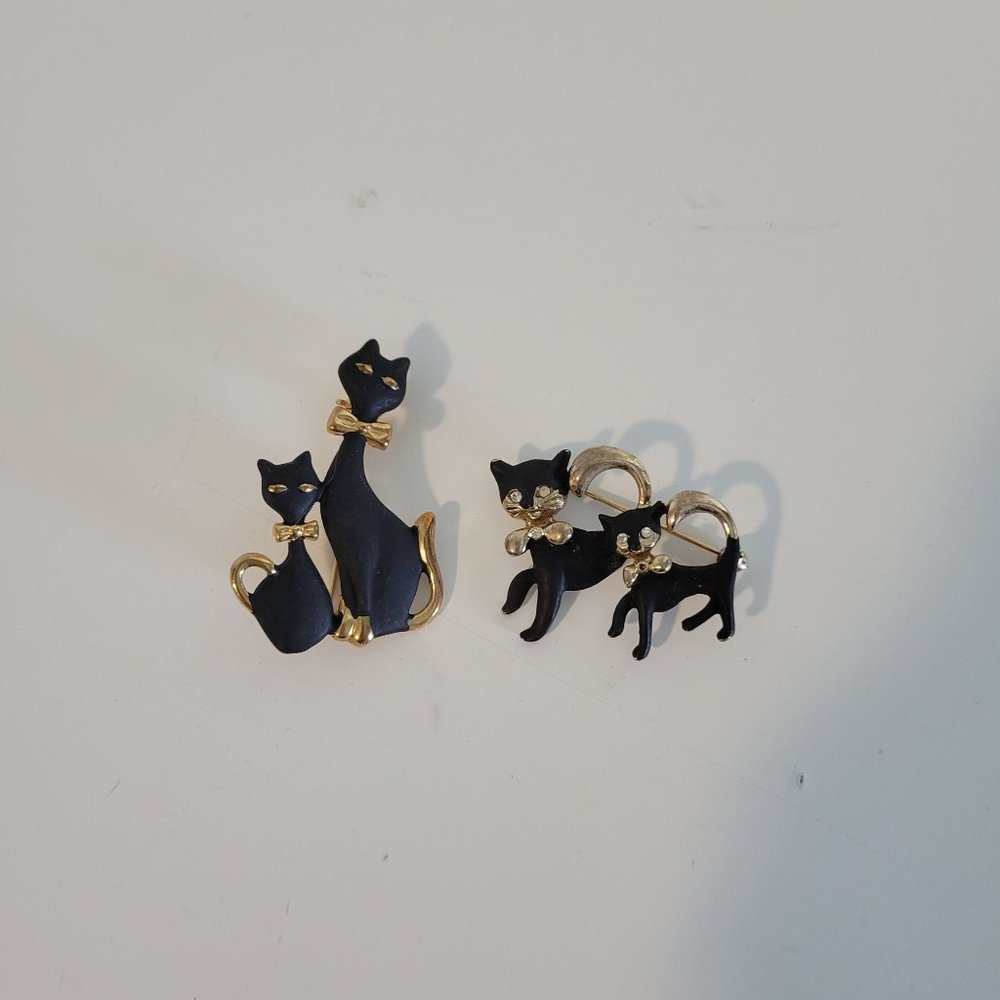 Vintage Mid Century Modern Set of 2 Black Cat Fashion Pins Brooches